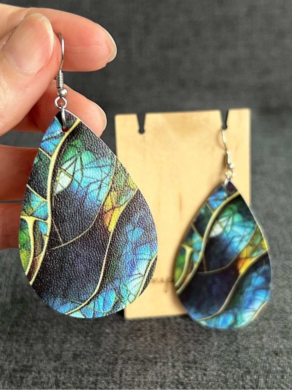 Faux Leather Teardrop Abstract Swirl Earrings, Navy, Aqua, Yellow, Silver